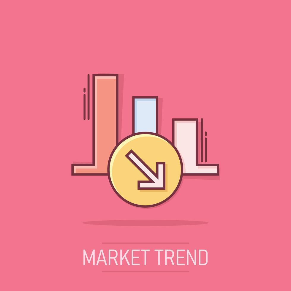 Market trend icon in comic style. Decline arrow with magnifier cartoon vector illustration on isolated background. Decrease splash effect business concept.