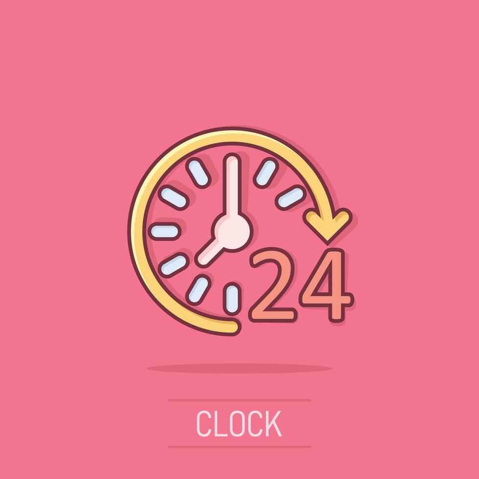 Clock icon in comic style. Watch cartoon vector illustration on isolated background. Timer splash effect business concept.