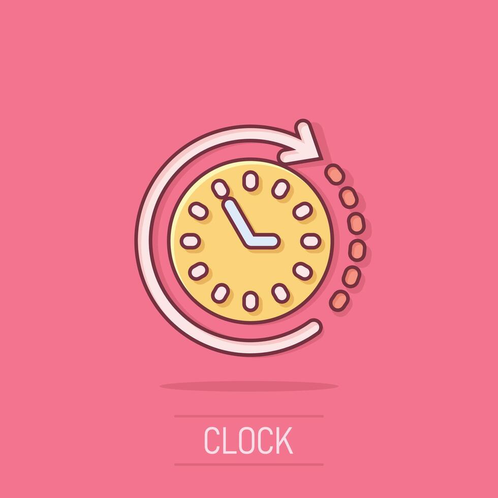 Clock icon in comic style. Watch cartoon vector illustration on isolated background. Timer splash effect business concept.
