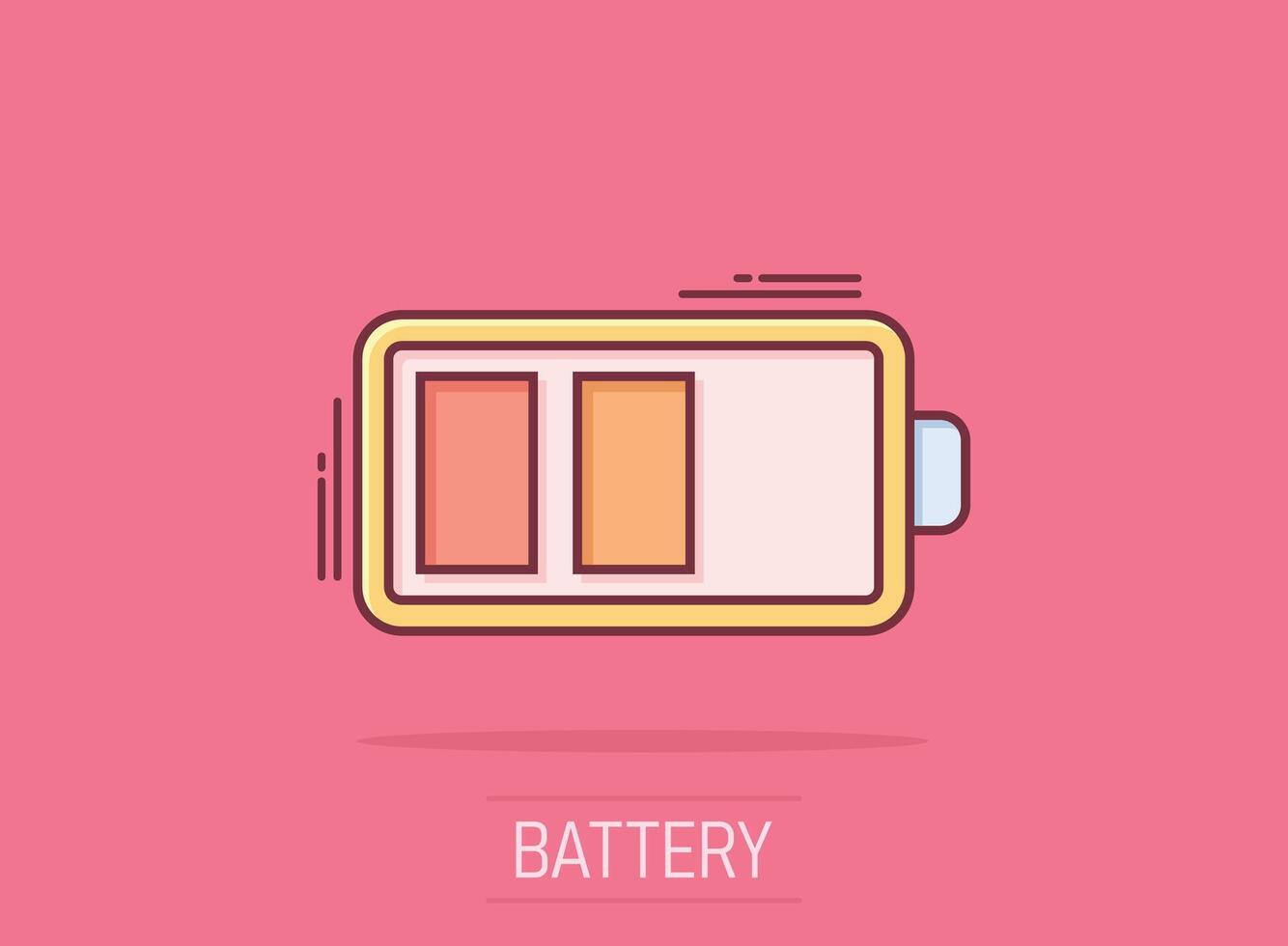 Battery charge icon in comic style. Power level cartoon vector illustration on isolated background. Lithium accumulator splash effect business concept.