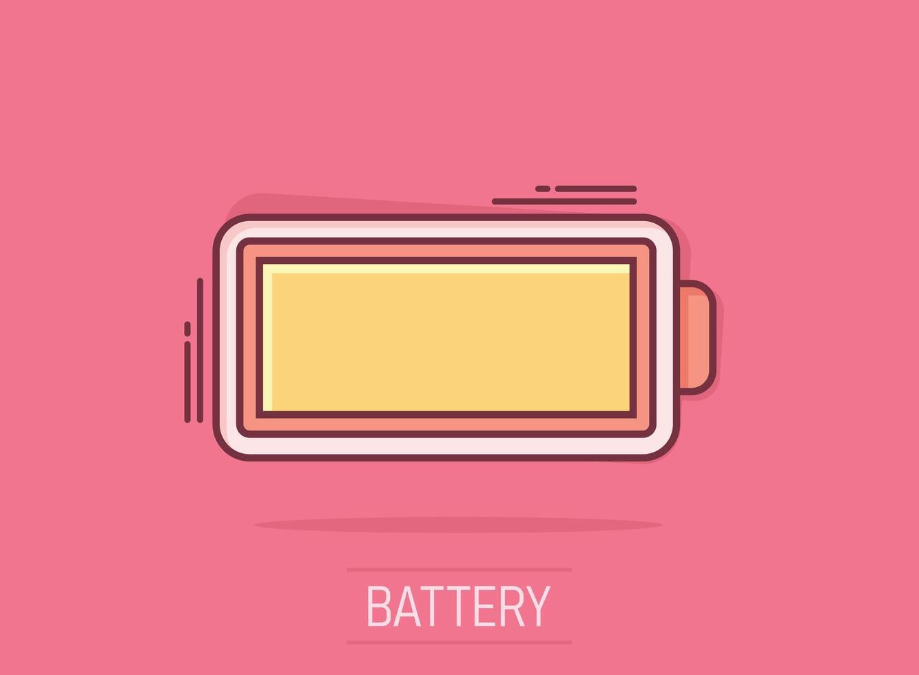 Battery charge icon in comic style. Power level cartoon vector illustration on isolated background. Lithium accumulator splash effect business concept.