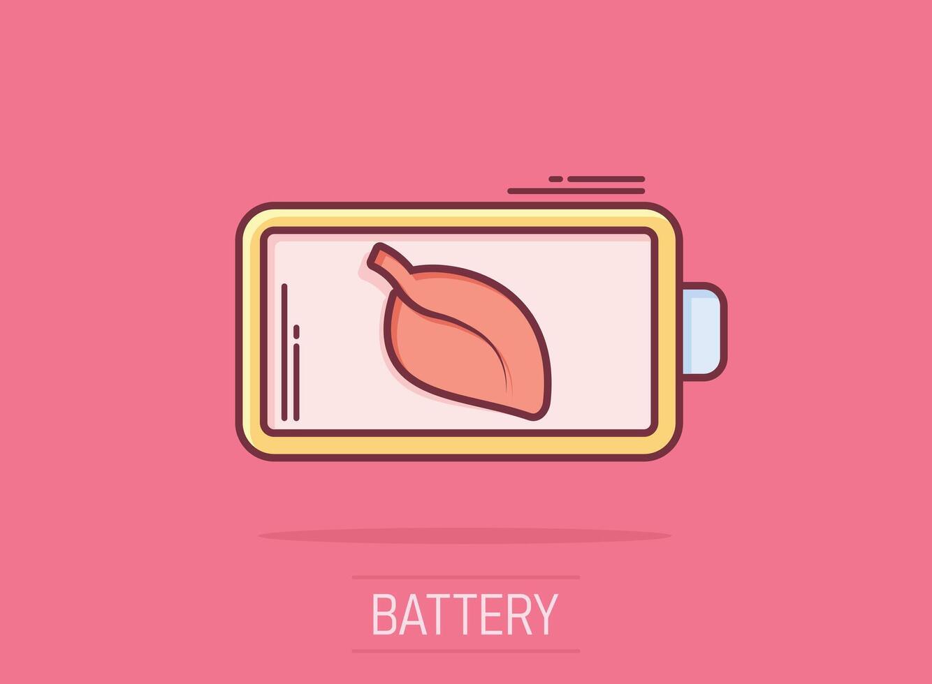 Battery charge icon in comic style. Power level cartoon vector illustration on isolated background. Lithium accumulator splash effect business concept.
