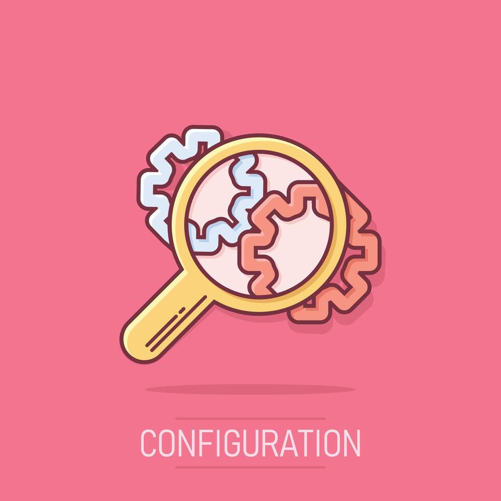 Loupe with gear icon in comic style. Magnifying glass cartoon vector illustration on isolated background. Seo exploration splash effect business concept.