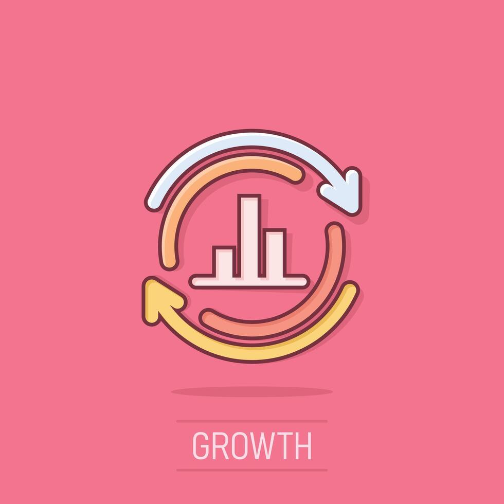 Growing bar graph icon in comic style. Increase arrow cartoon vector illustration on isolated background. Infographic progress splash effect business concept.