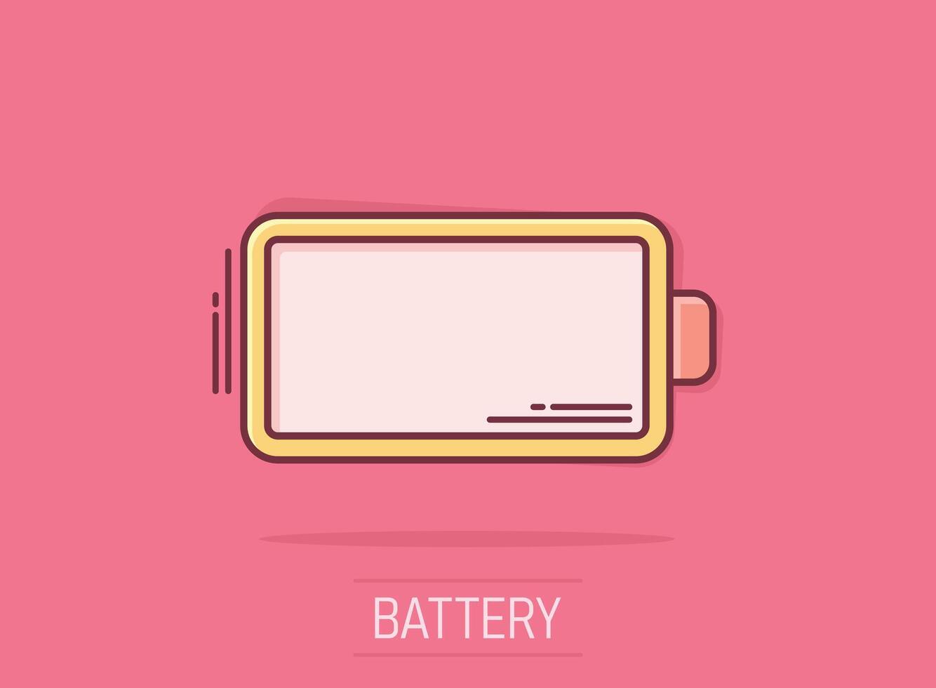 Battery charge icon in comic style. Power level cartoon vector illustration on isolated background. Lithium accumulator splash effect business concept.