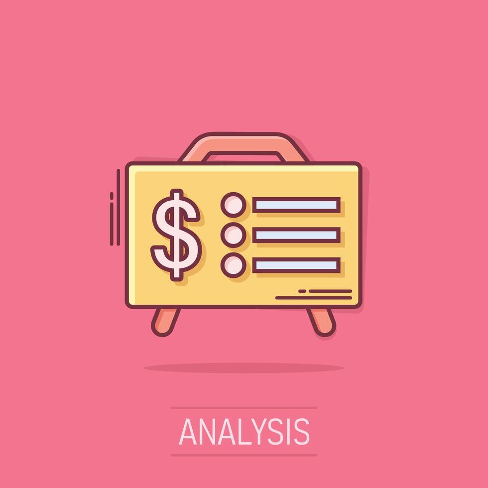 Financial presentation icon in comic style. Money analysis cartoon vector illustration on isolated background. Marketing chart splash effect business concept.