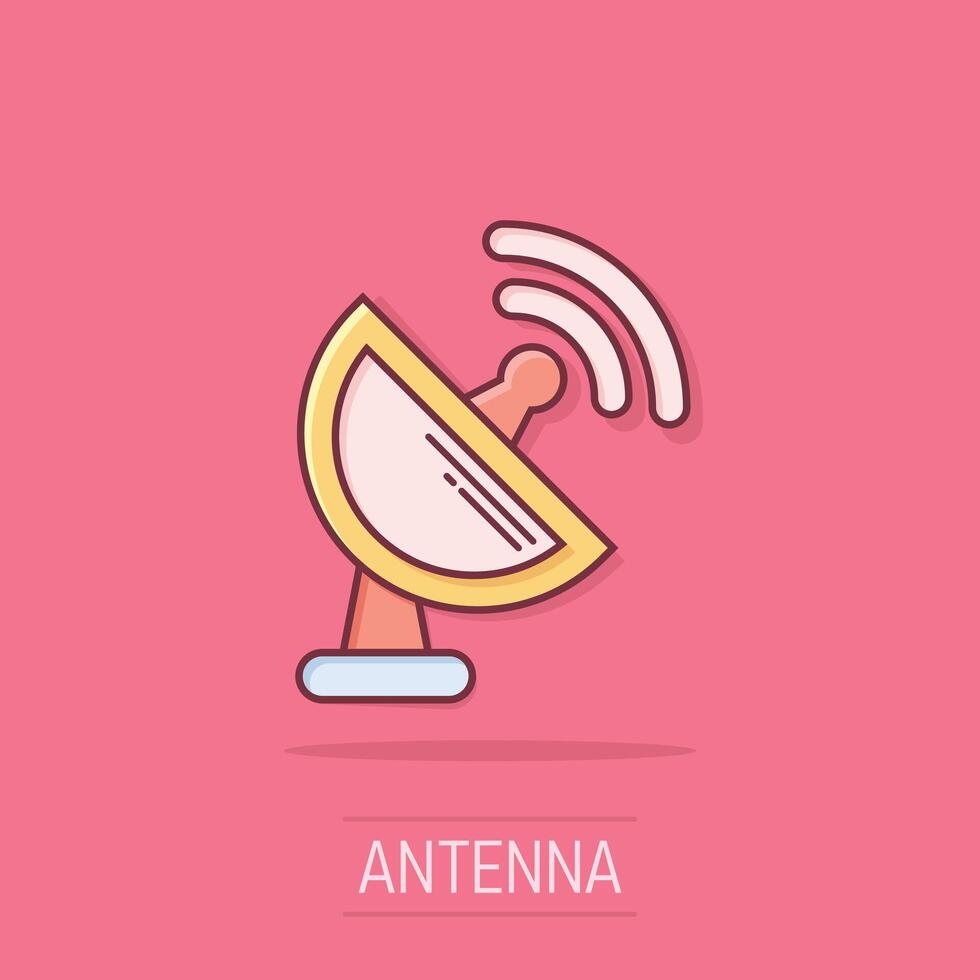 Satellite antenna tower icon in comic style. Broadcasting cartoon vector