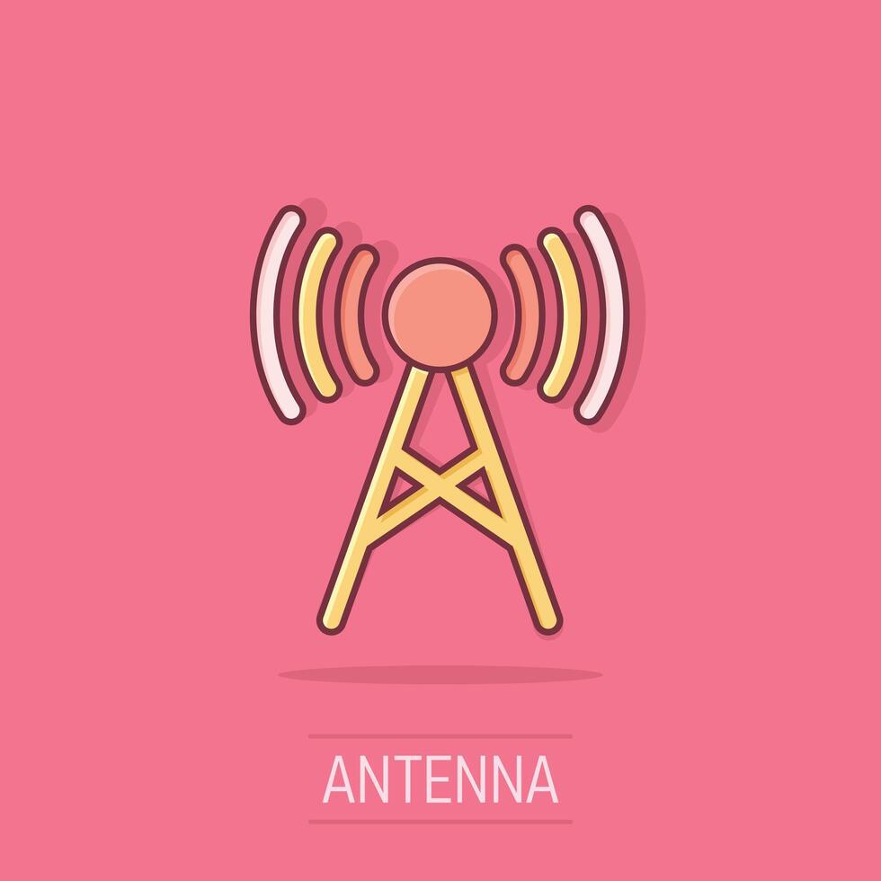 Antenna tower icon in comic style. Broadcasting cartoon vector illustration on isolated background. Wifi splash effect business concept.