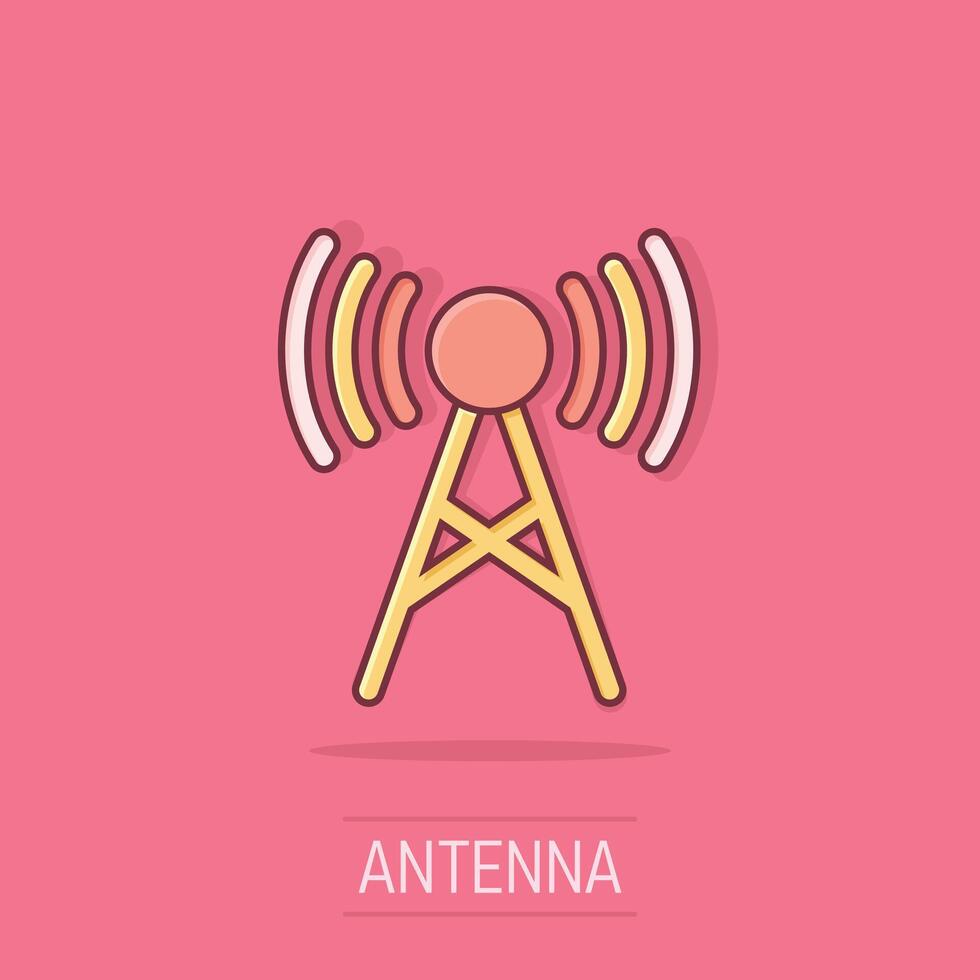 antena torre icono en cómic estilo. radiodifusión dibujos animados vector ilustración en aislado antecedentes. Wifi chapoteo efecto negocio concepto.