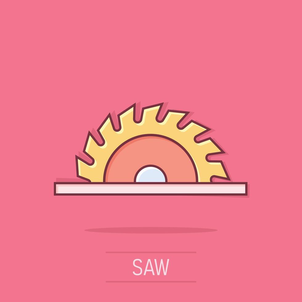 Saw blade icon in comic style. Circular machine cartoon vector illustration on isolated background. Rotary disc splash effect business concept.