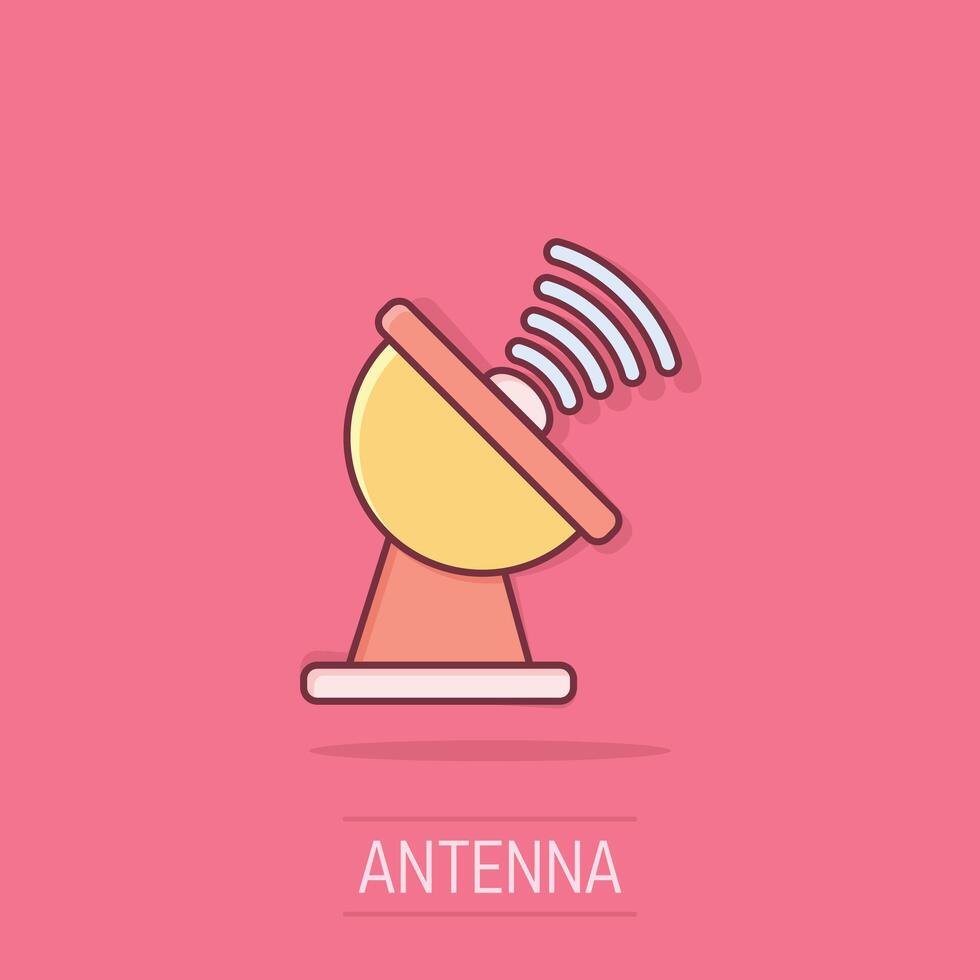 Satellite antenna tower icon in comic style. Broadcasting cartoon vector