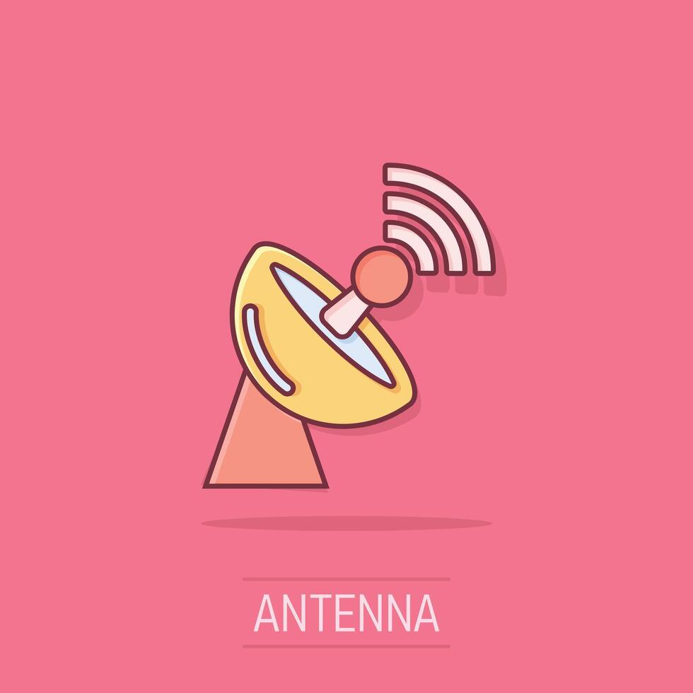 Satellite antenna tower icon in comic style. Broadcasting cartoon vector