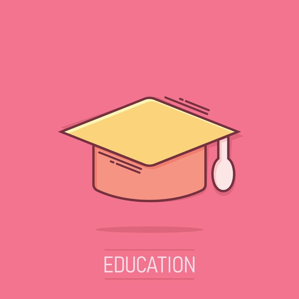 Graduation hat icon in comic style. Student cap cartoon vector illustration on isolated background. University splash effect business concept.