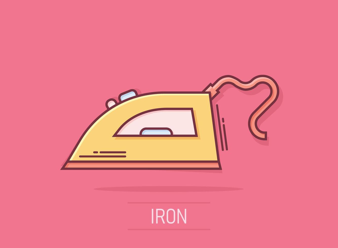 Iron icon in comic style. Laundry equipment cartoon vector illustration on isolated background. Ironing splash effect business concept.