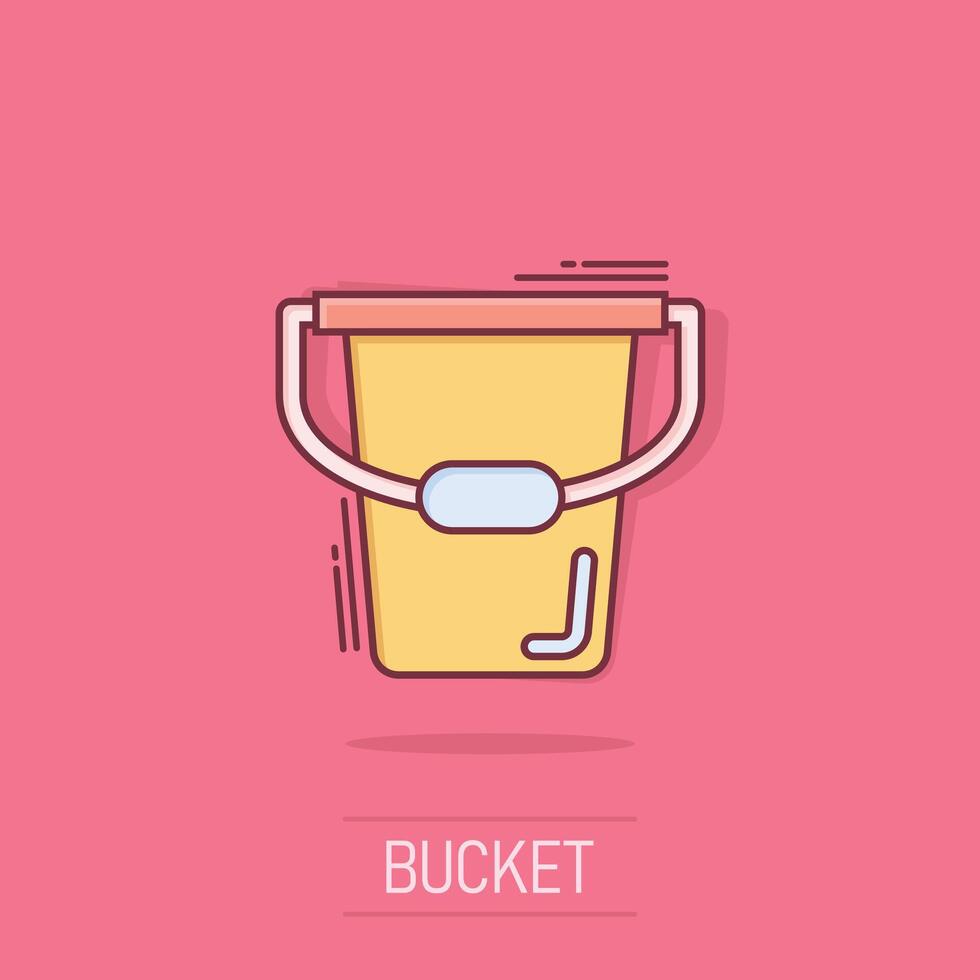 Bucket icon in comic style. Garbage pot cartoon vector illustration on white isolated background. Pail splash effect business concept.