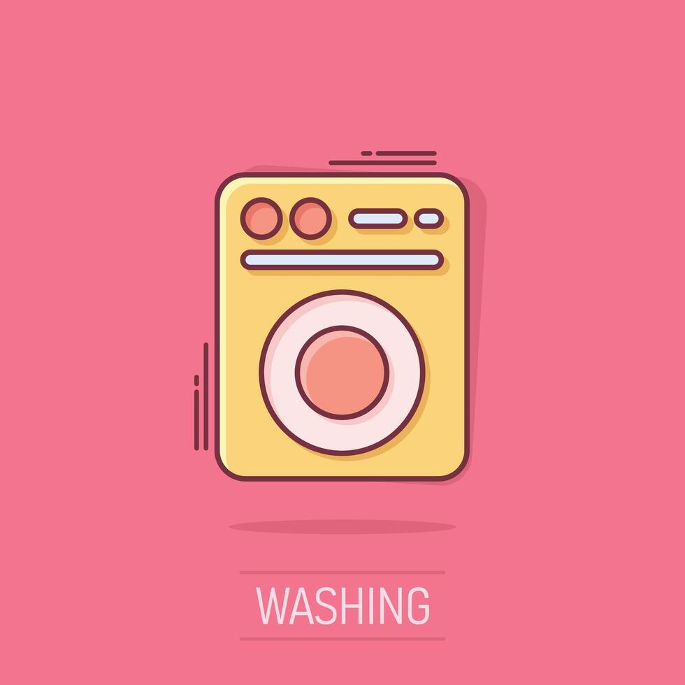 Washing machine icon in comic style. Washer cartoon vector illustration on isolated background. Laundry splash effect business concept.