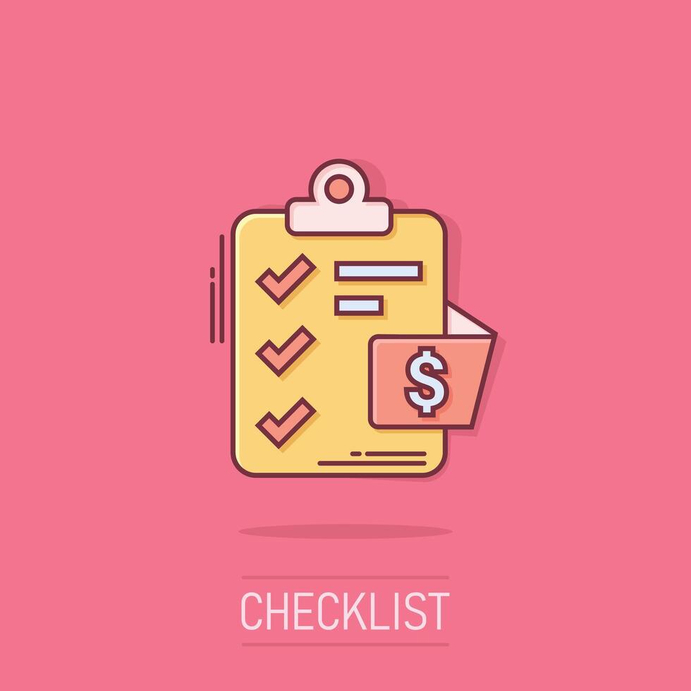 Document checklist icon in comic style. Report cartoon vector illustration on isolated background. Paper sheet splash effect business concept.