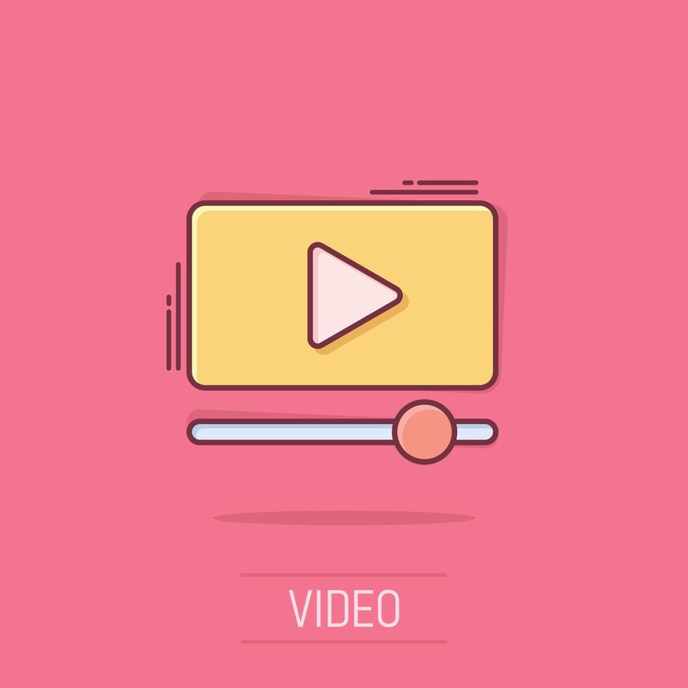 Film icon in comic style. Movie cartoon vector illustration on isolated background. Play video splash effect business concept.