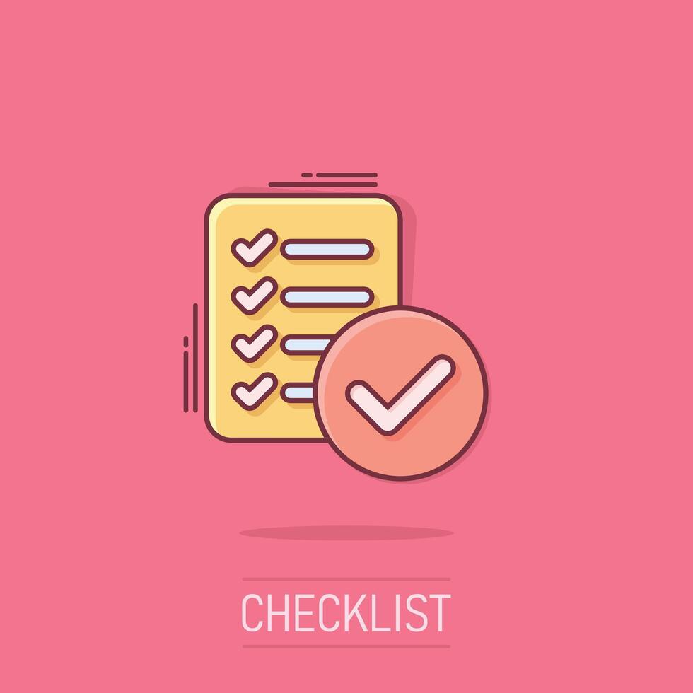 Document checklist icon in comic style. Report cartoon vector illustration on isolated background. Paper sheet splash effect business concept.