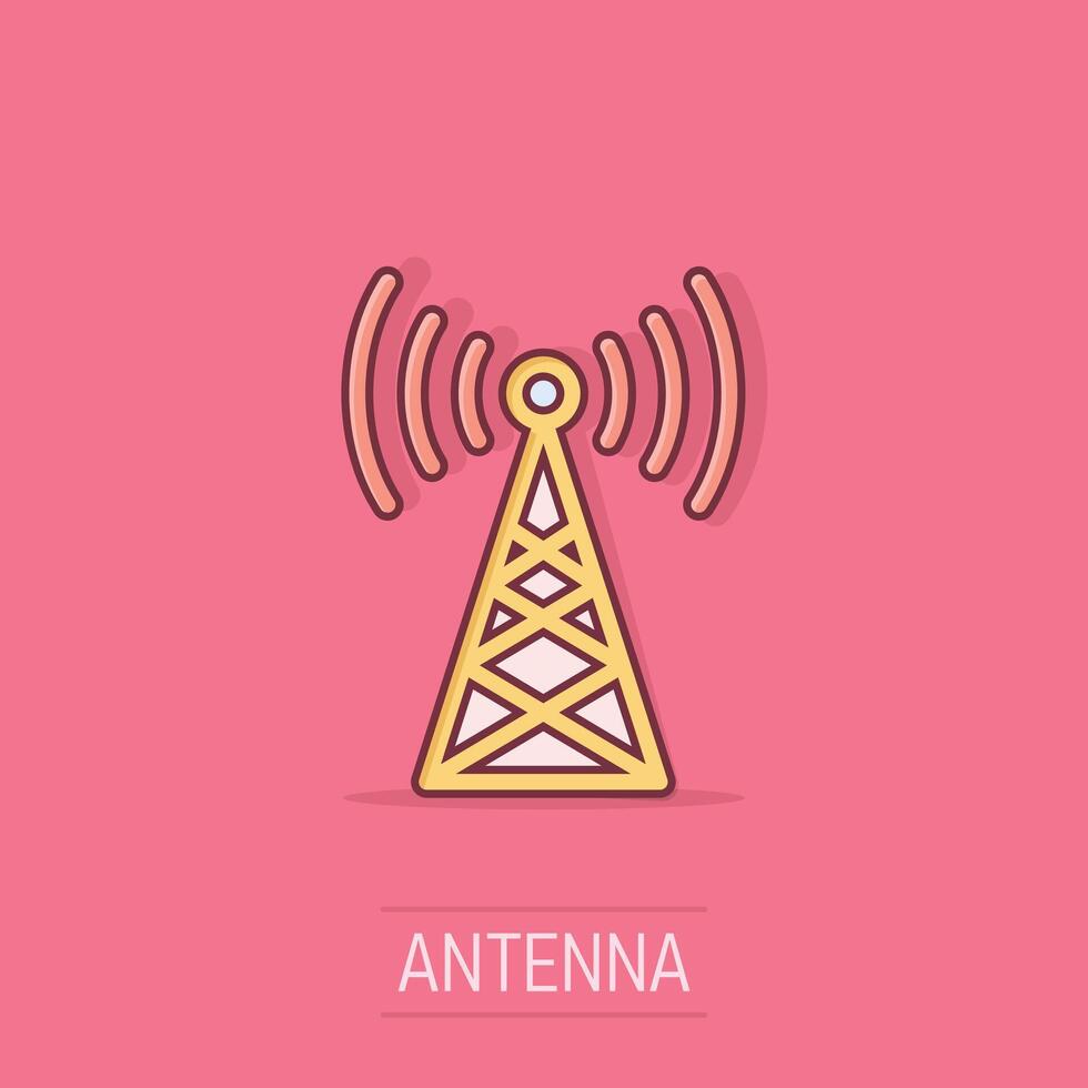 antena torre icono en cómic estilo. radiodifusión dibujos animados vector ilustración en aislado antecedentes. Wifi chapoteo efecto negocio concepto.