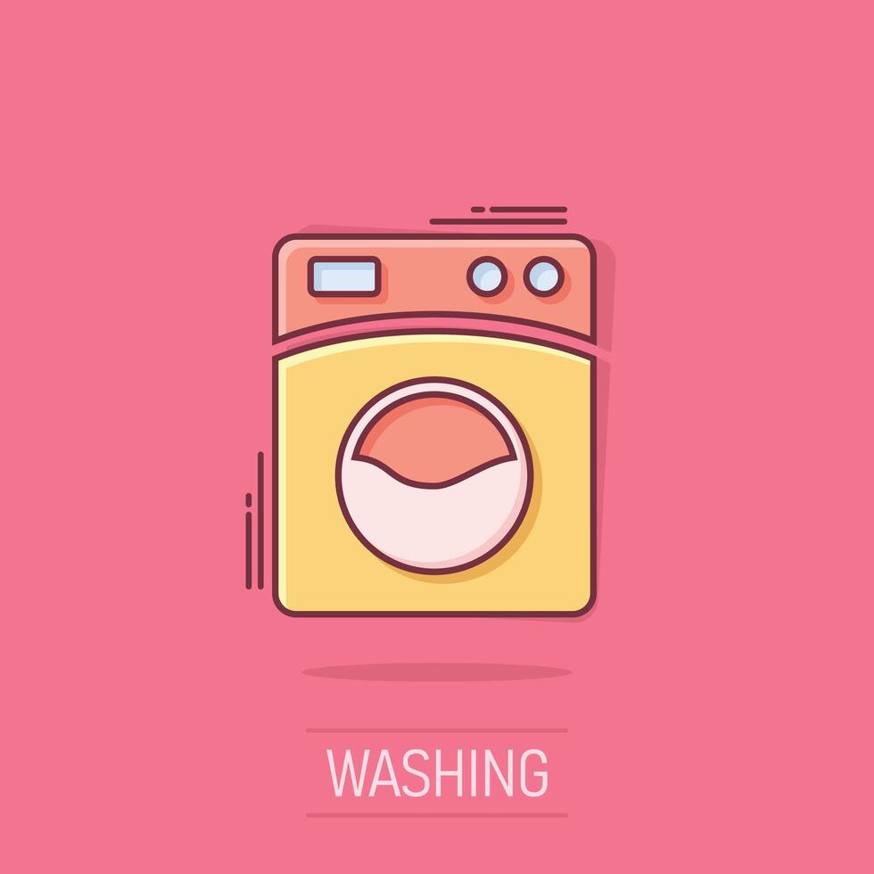 Washing machine icon in comic style. Washer cartoon vector illustration on isolated background. Laundry splash effect business concept.