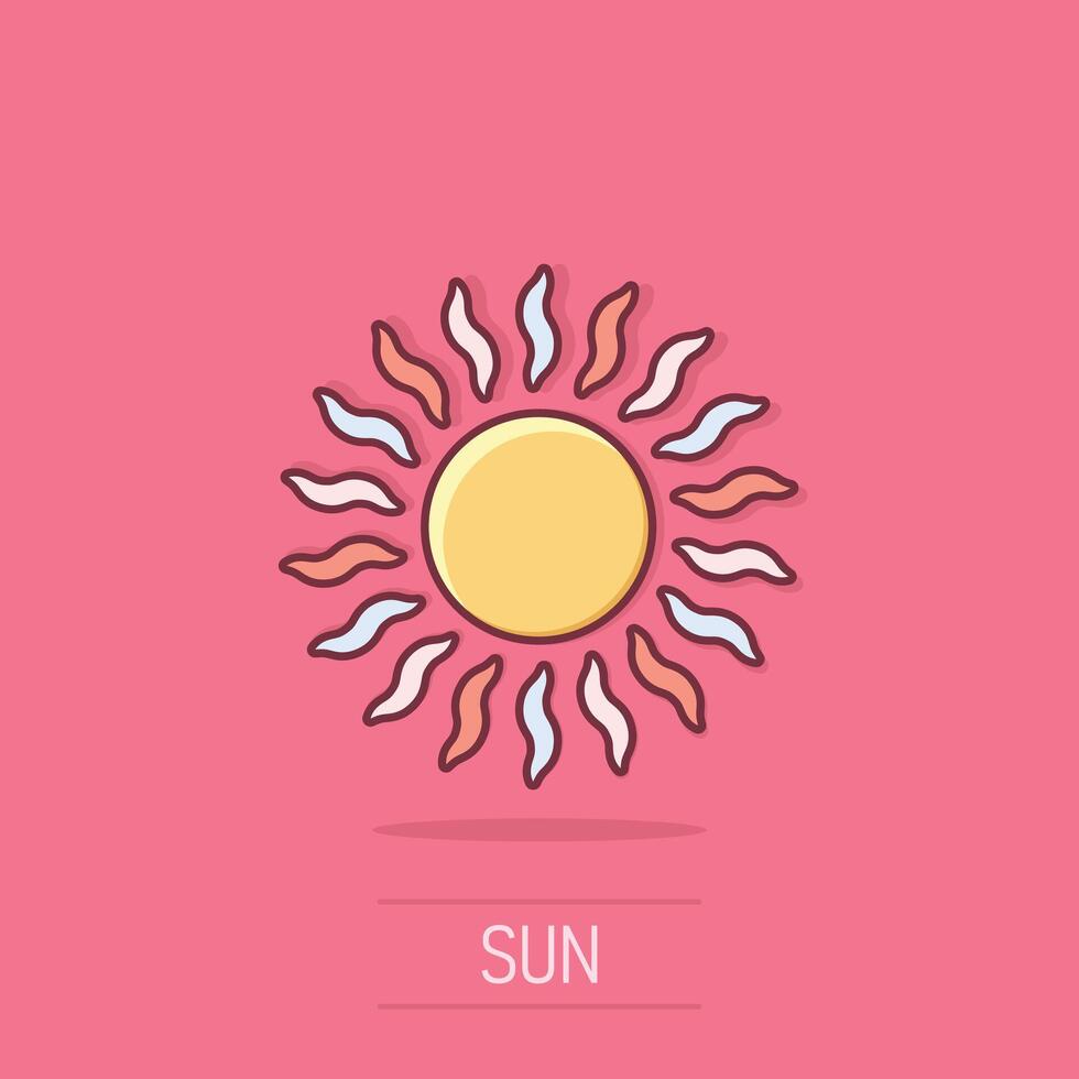 Sun icon in comic style. Sunlight cartoon sign vector illustration on isolated background. Daylight splash effect business concept.
