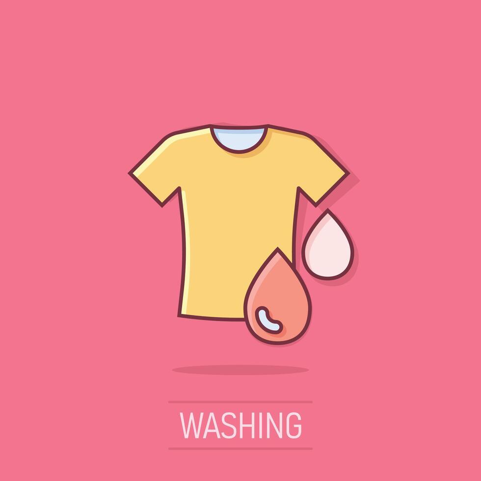 T-shirt washing icon in comic style. Clothes dry cartoon vector illustration on isolated background. Shirt laundry splash effect business concept.