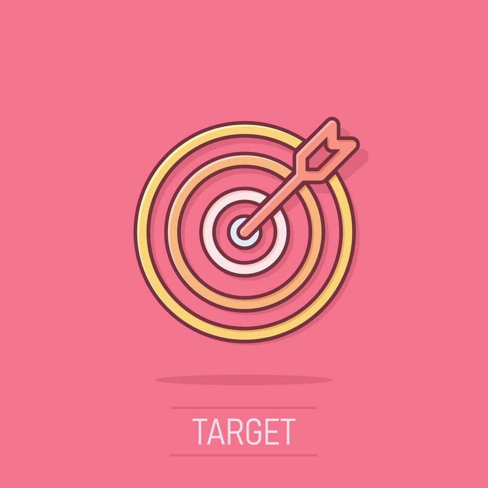 Target icon in comic style. Darts game cartoon vector illustration on isolated background. Aim arrow splash effect business concept.