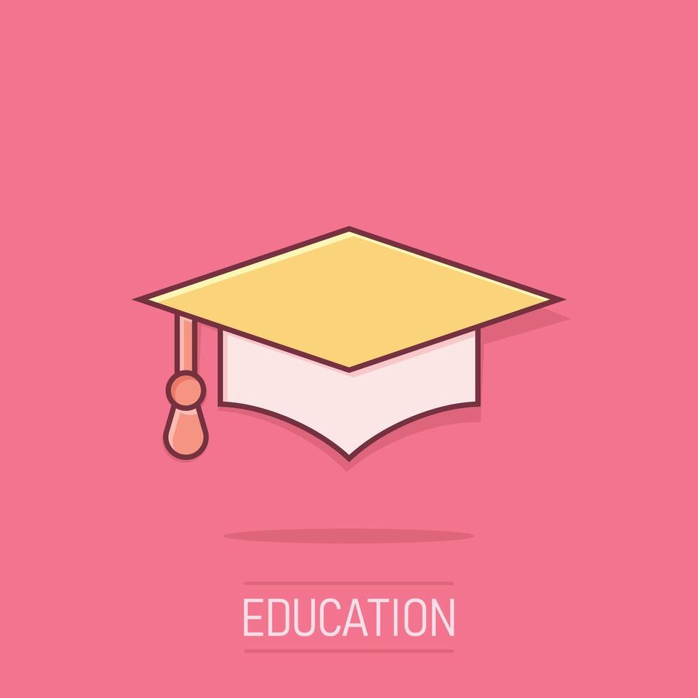 Graduation hat icon in comic style. Student cap cartoon vector illustration on isolated background. University splash effect business concept.