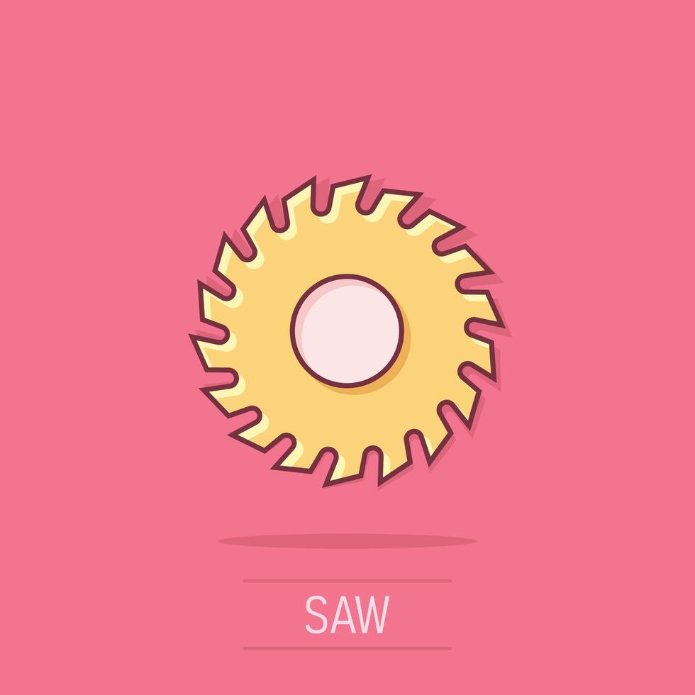 Saw blade icon in comic style. Circular machine cartoon vector illustration on isolated background. Rotary disc splash effect business concept.