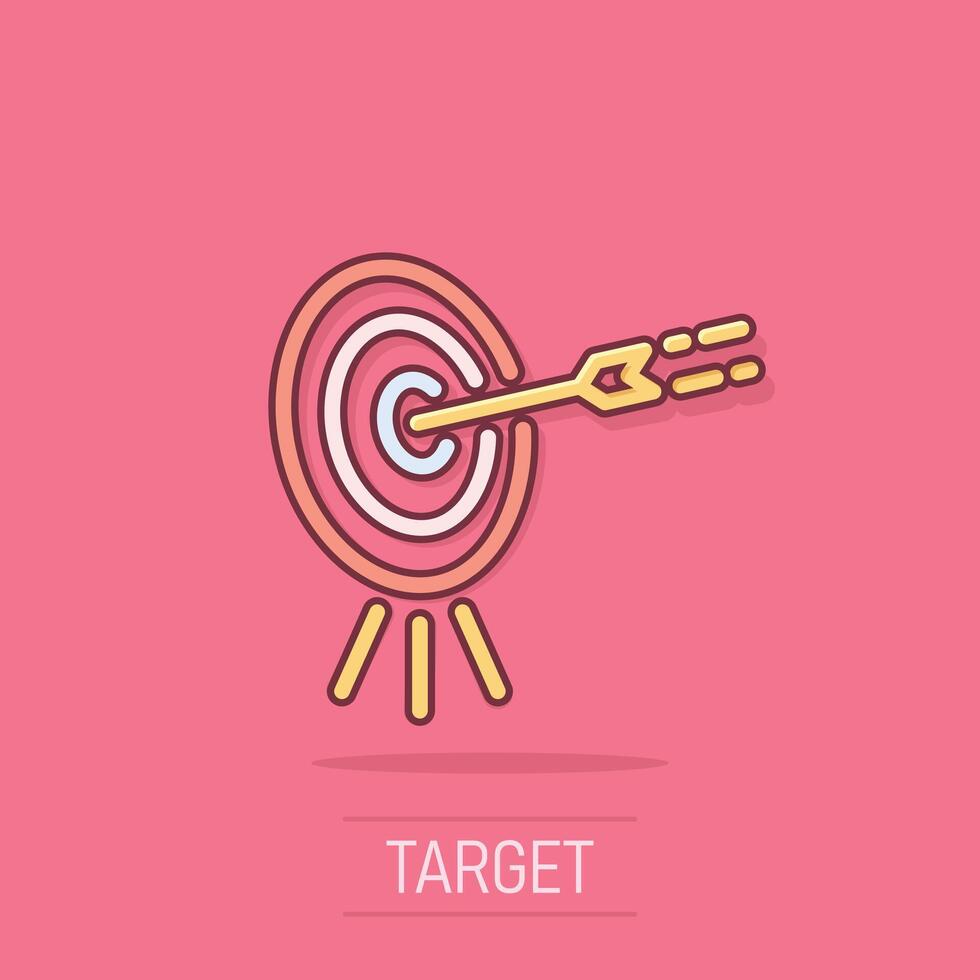 Target icon in comic style. Darts game cartoon vector illustration on isolated background. Aim arrow splash effect business concept.