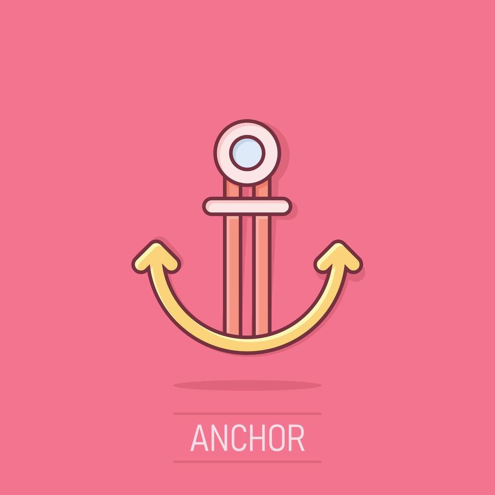 Boat anchor icon in comic style. Vessel hook cartoon vector illustration on isolated background. Ship equipment splash effect business concept.