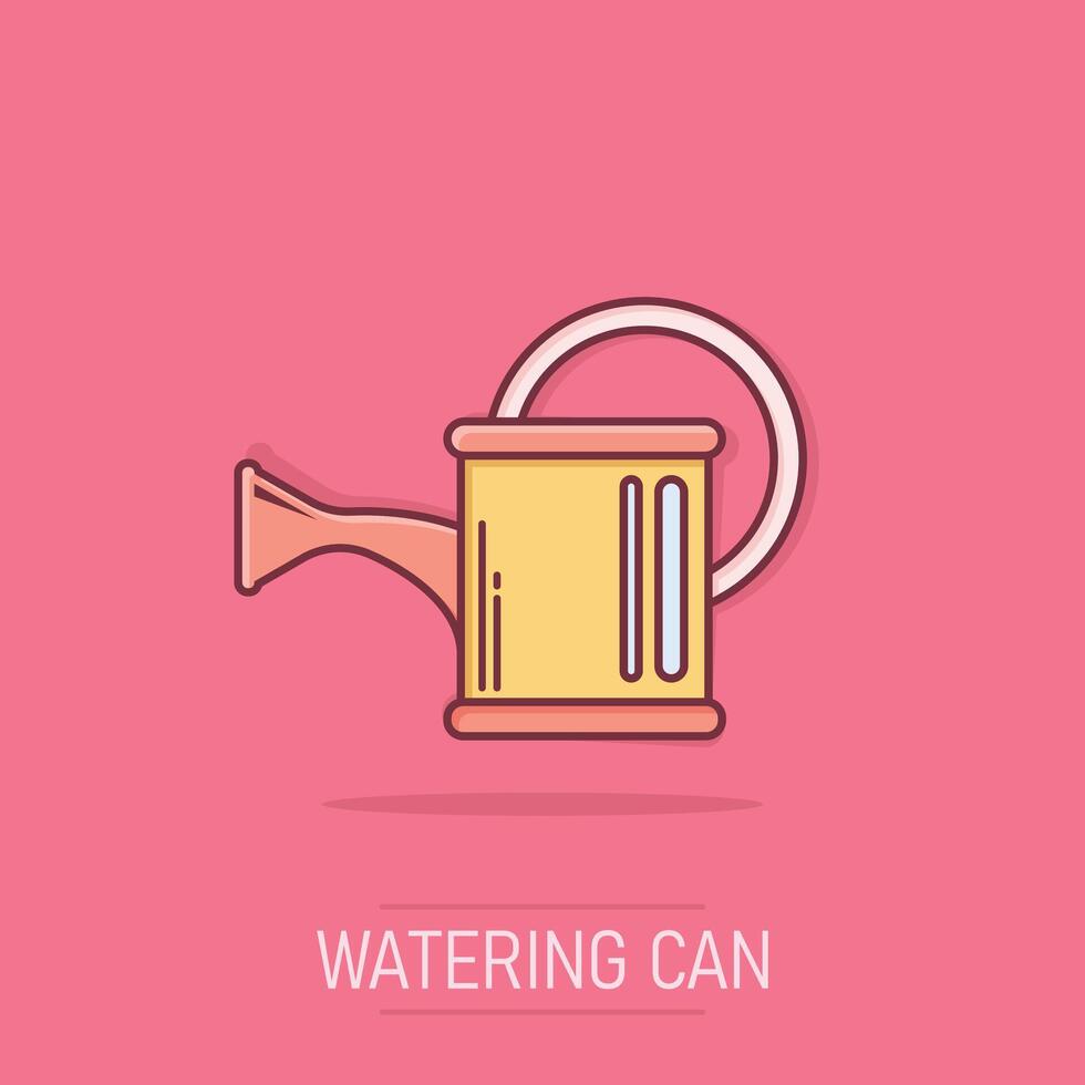 Water can icon in comic style. Irrigation garden cartoon vector illustration on isolated background. Watering splash effect business concept.