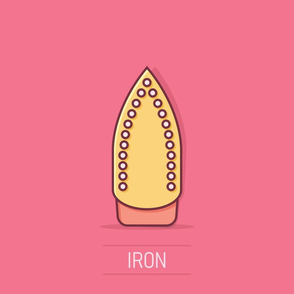 Iron icon in comic style. Laundry equipment cartoon vector illustration on isolated background. Ironing splash effect business concept.