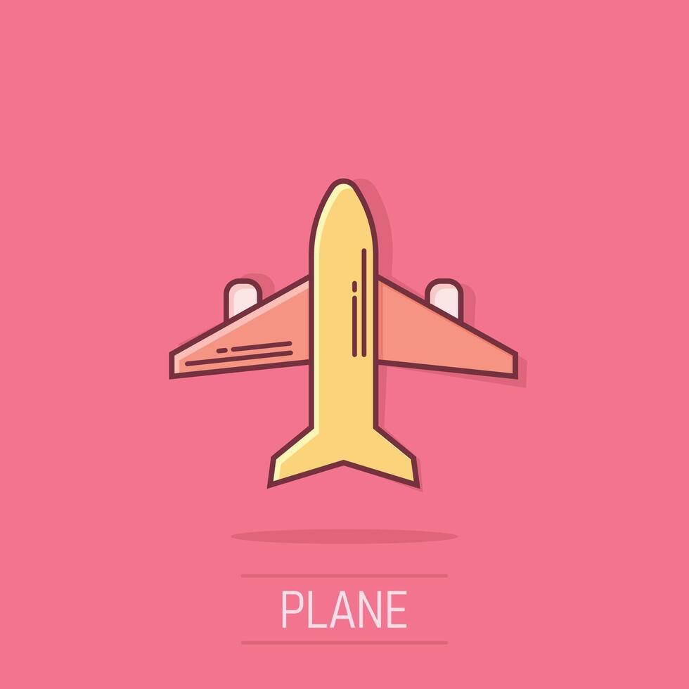 Plane icon in comic style. Airplane cartoon vector illustration on isolated background. Flight airliner splash effect business concept.