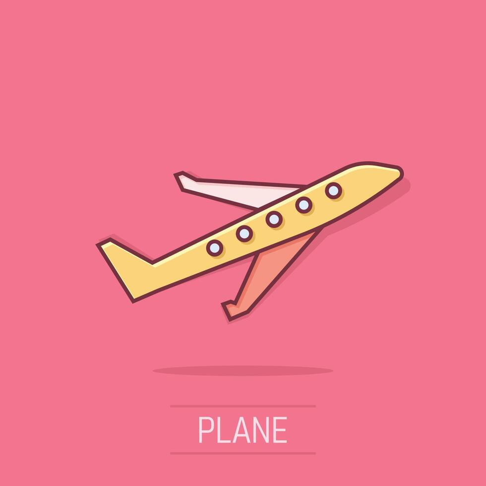 Plane icon in comic style. Airplane cartoon vector illustration on isolated background. Flight airliner splash effect business concept.