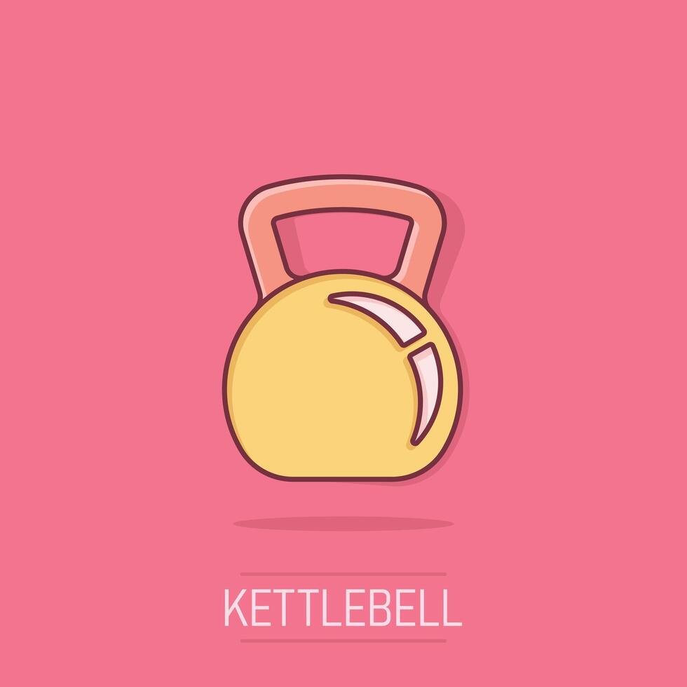Kettlebell icon in comic style. Barbell sport equipment cartoon vector illustration on isolated background. Dumbbell splash effect business concept.