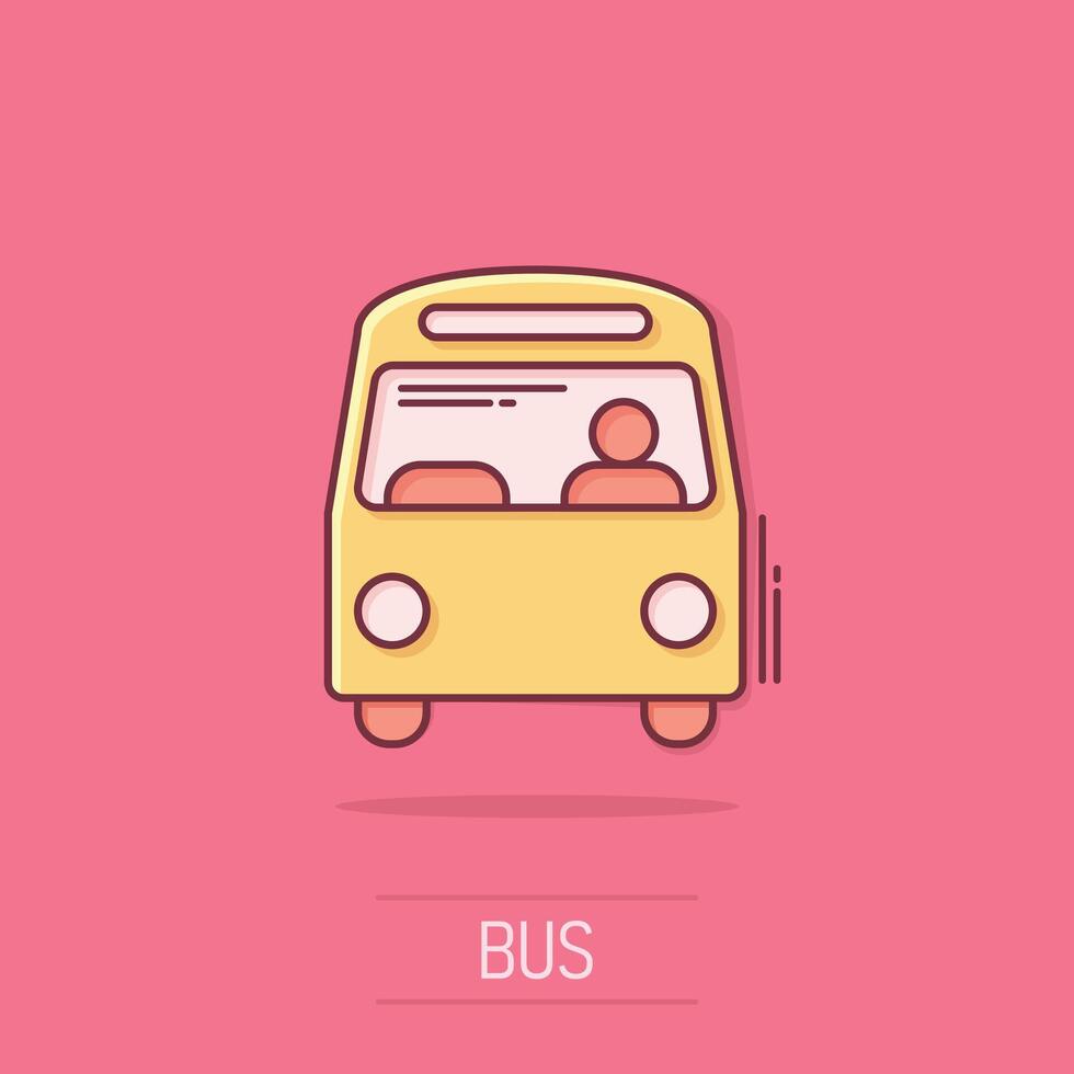 Bus icon in comic style. Coach cartoon vector illustration on isolated background. Autobus vehicle splash effect business concept.