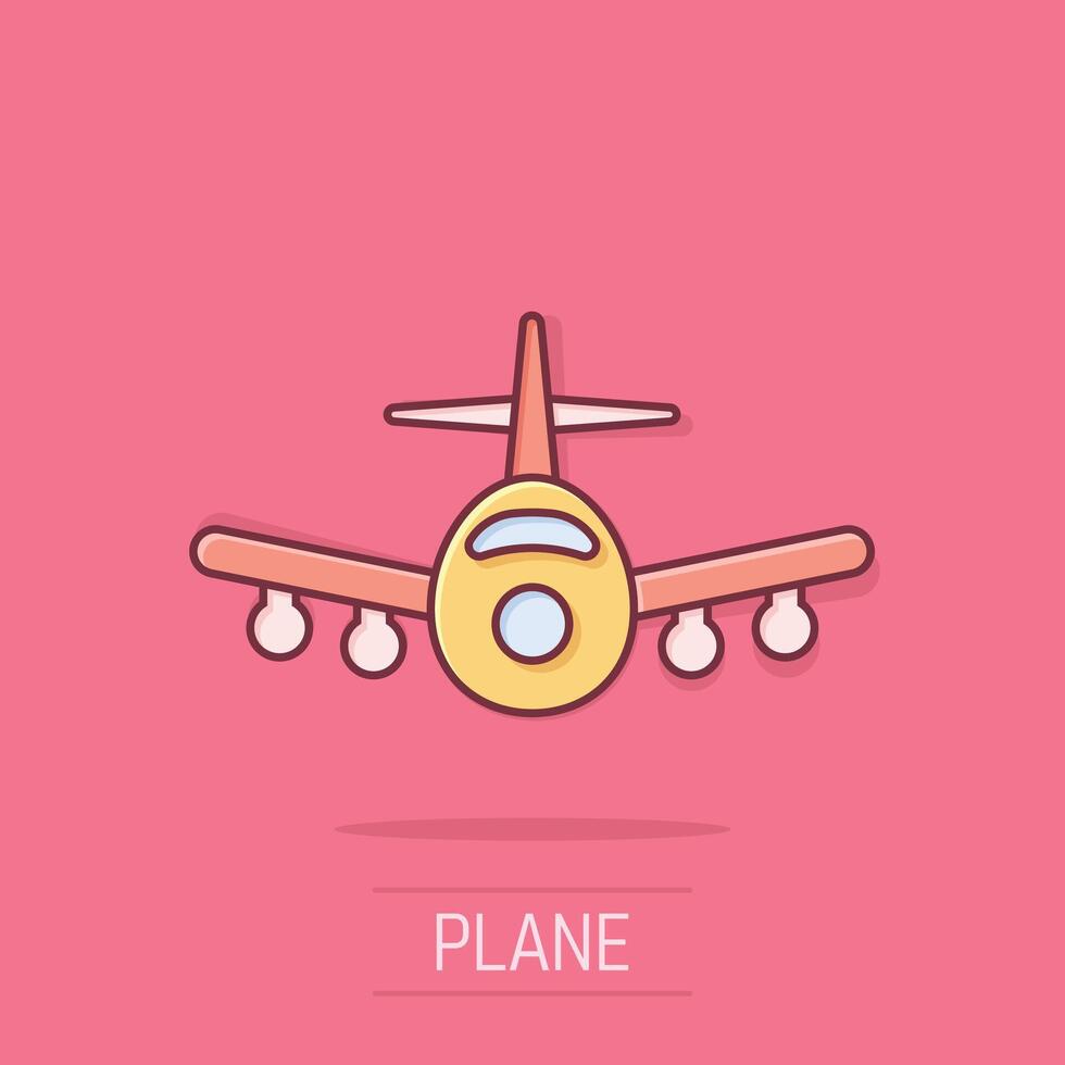 Plane icon in comic style. Airplane cartoon vector illustration on isolated background. Flight airliner splash effect business concept.