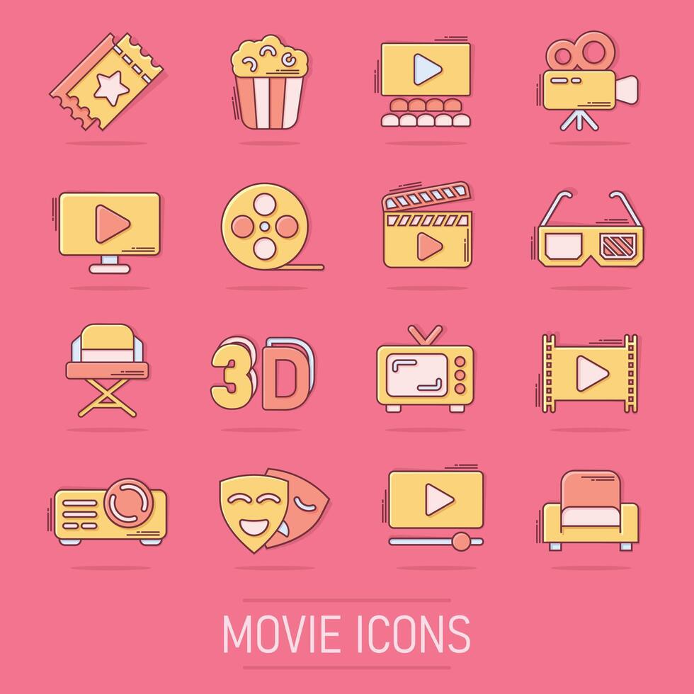 Cinema line icons in comic style. Entertainment set cartoon vector illustration on isolated background. Movie media splash effect business concept.