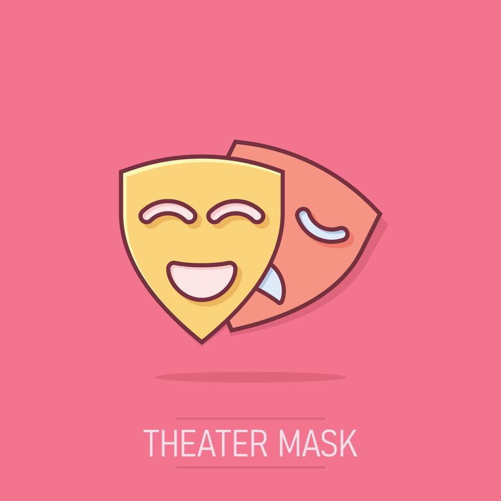 Theater mask icon in comic style. Comedy and tragedy cartoon vector illustration on isolated background. Smile face splash effect business concept.