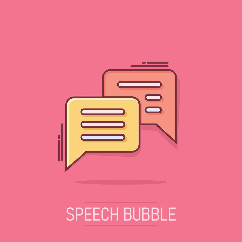 Speak chat sign icon in comic style. Speech bubbles cartoon vector illustration on isolated background. Team discussion button splash effect business concept.