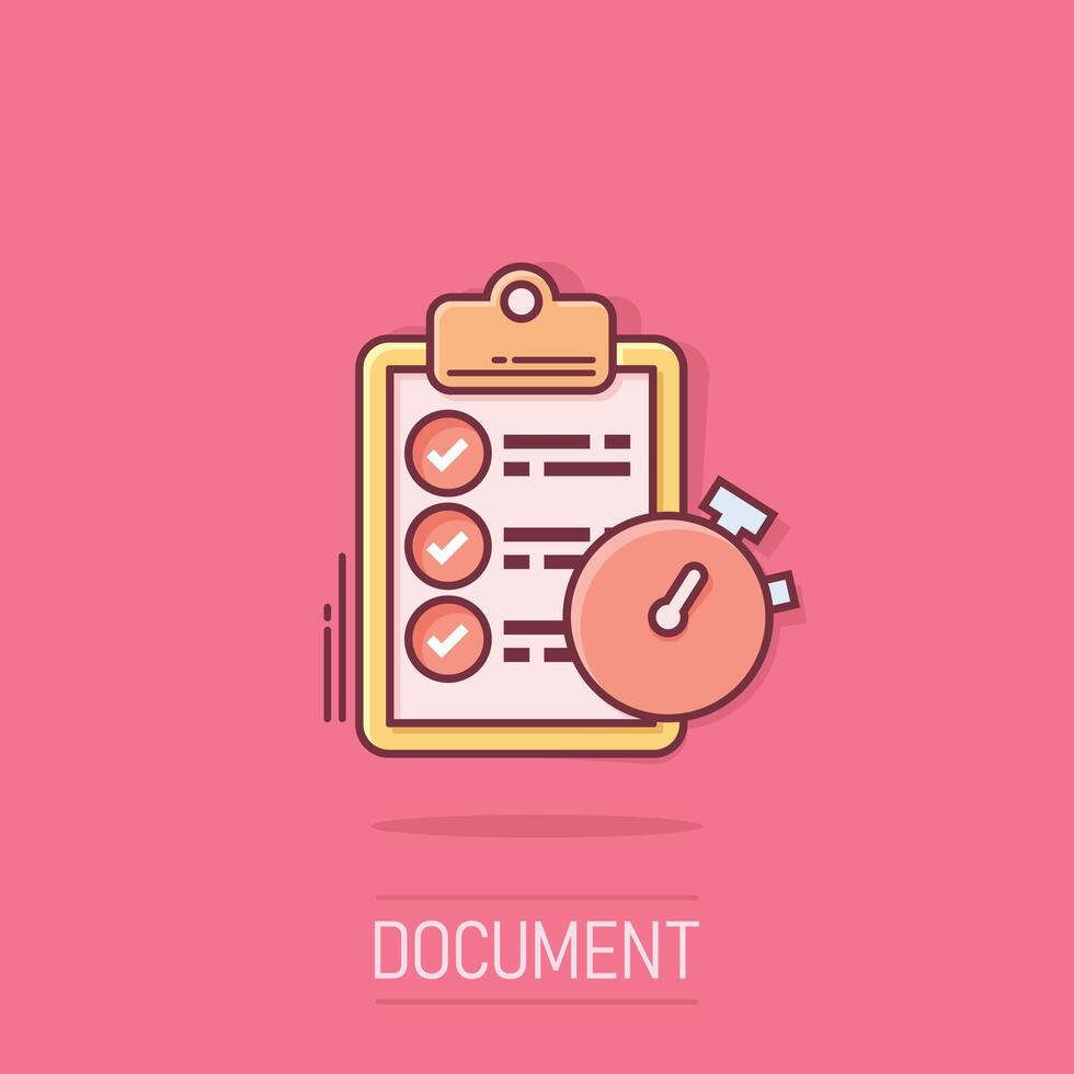Document witch clock icon in comic style. Checklist survey cartoon vector illustration on isolated background. Fast service splash effect business concept.