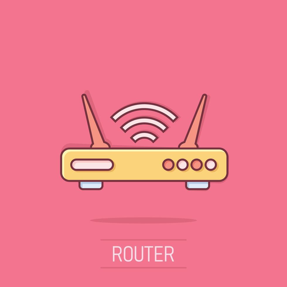 Wifi enrutador icono en cómic estilo. banda ancha dibujos animados vector ilustración en aislado antecedentes. Internet conexión chapoteo efecto negocio concepto.