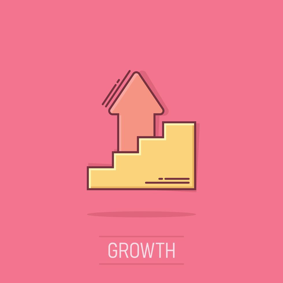 Chart graph icon in comic style. Arrow grow cartoon vector illustration on isolated background. Analysis splash effect business concept.