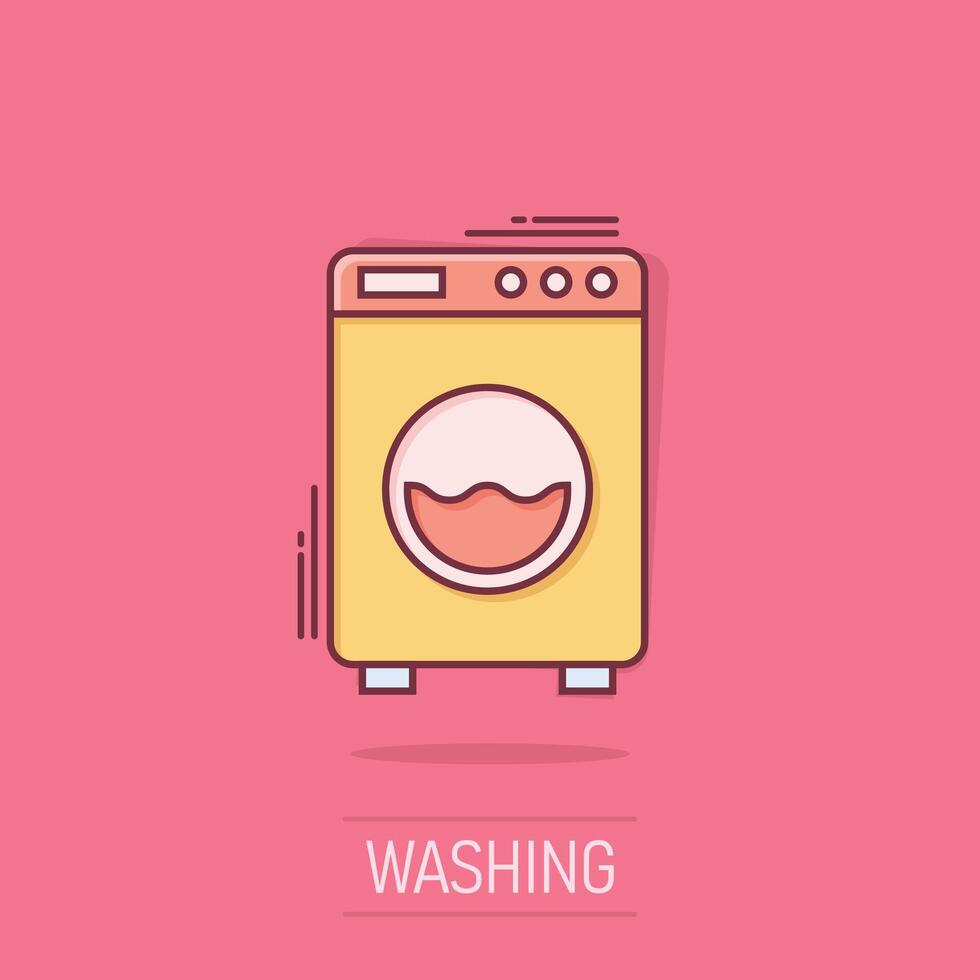 Washing machine icon in comic style. Washer cartoon vector illustration on isolated background. Laundry splash effect business concept.