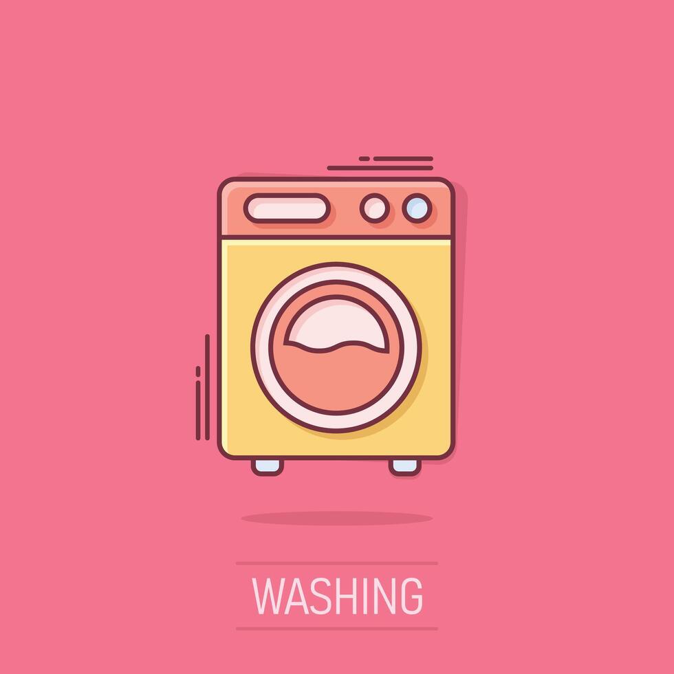 Washing machine icon in comic style. Washer cartoon vector illustration on isolated background. Laundry splash effect business concept.