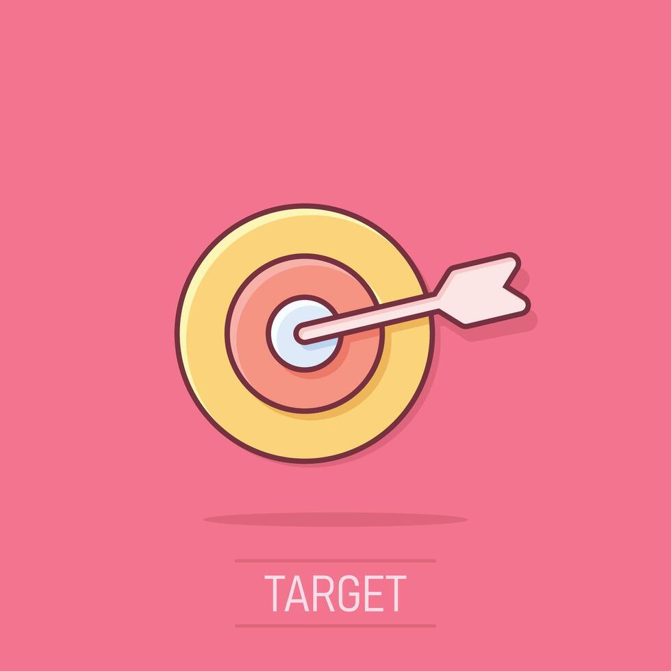 Target aim vector icon in comic style. Darts game cartoon illustration on isolated background. Dartboard sport target splash effect concept.