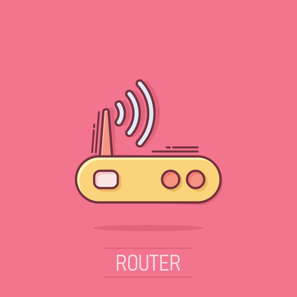 Wifi enrutador icono en cómic estilo. banda ancha dibujos animados vector ilustración en aislado antecedentes. Internet conexión chapoteo efecto negocio concepto.