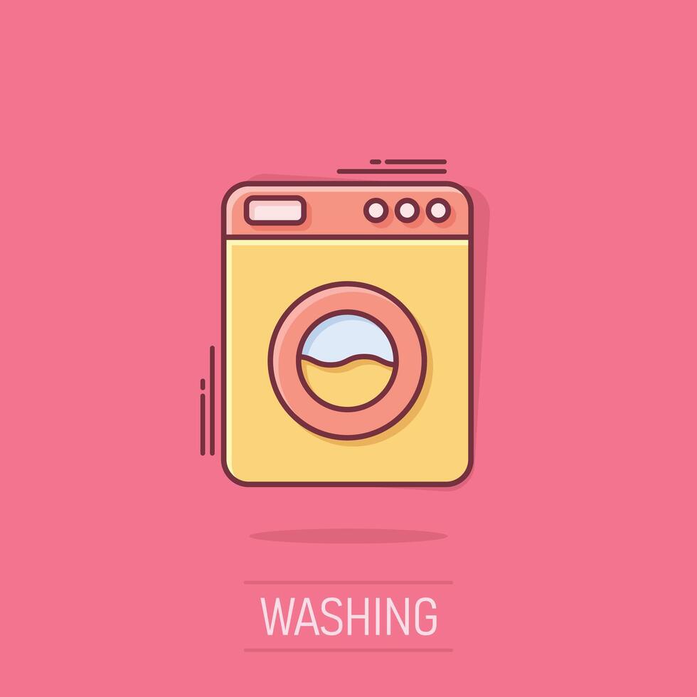 Washing machine icon in comic style. Washer cartoon vector illustration on isolated background. Laundry splash effect business concept.